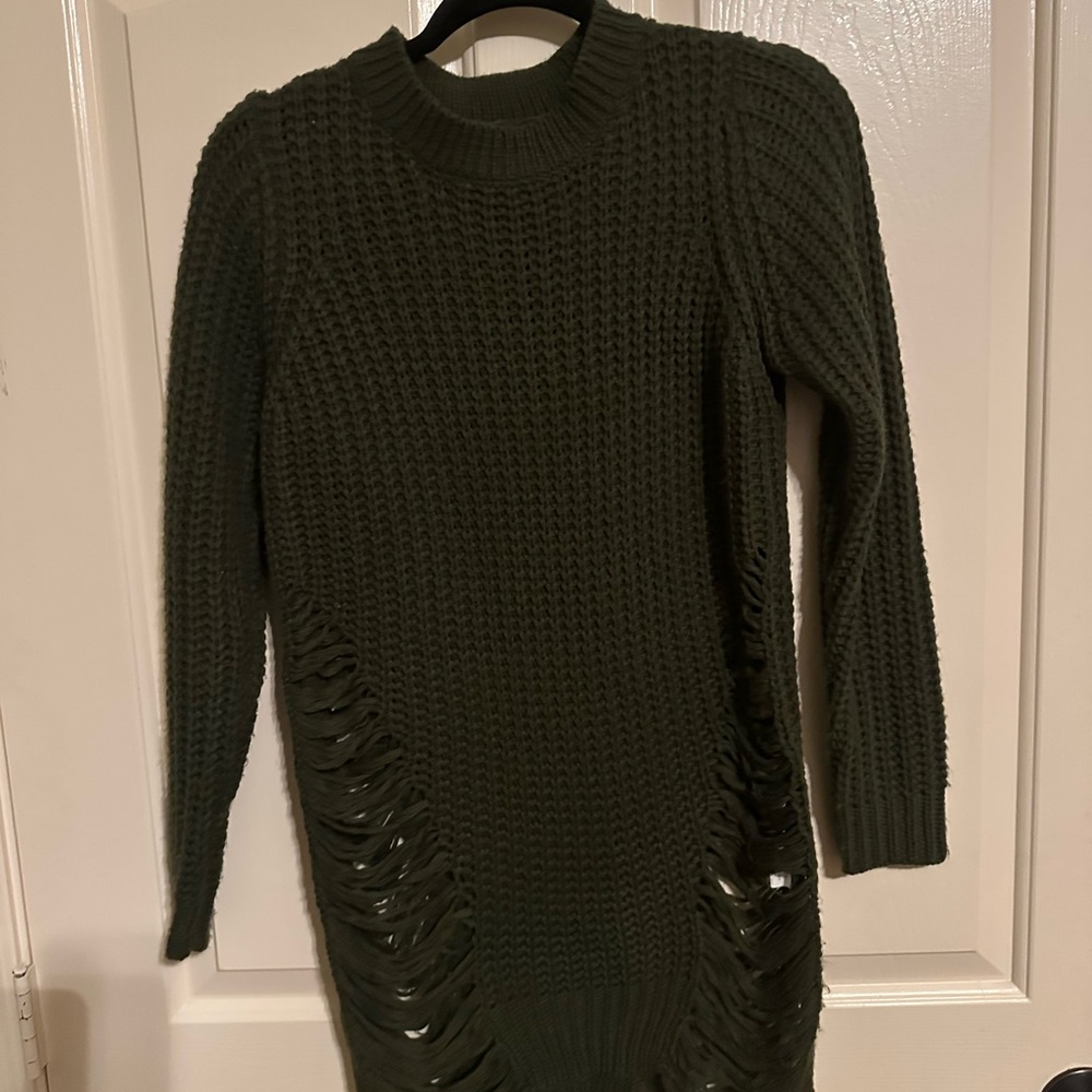 Women’s Olive Green Knit Distressed Sweater Dress